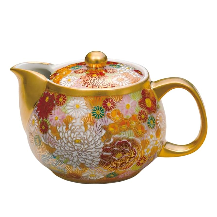 九谷焼、金彩急須 九谷焼 ポット急須 金銀彩椿 茶漉し付き 日本製 ギフト うつわ